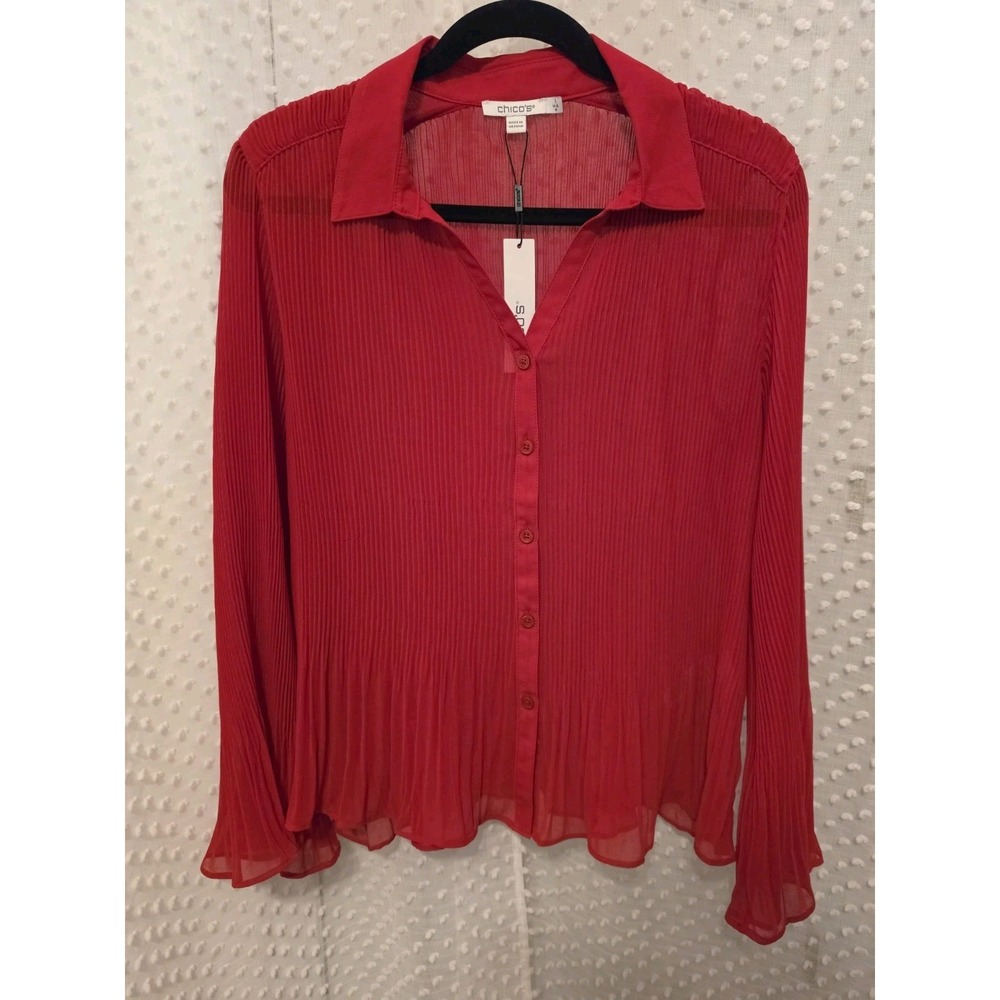 Chico's Carmine Red Sheer Pleated Blouse Bell Sleeves Size 1 (US 8) NWT